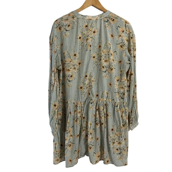 H&M Dress Size 2 Floral Sage Green Yellow Oversized Fit Long Balloon Sleeve Thin - Picture 2 of 7
